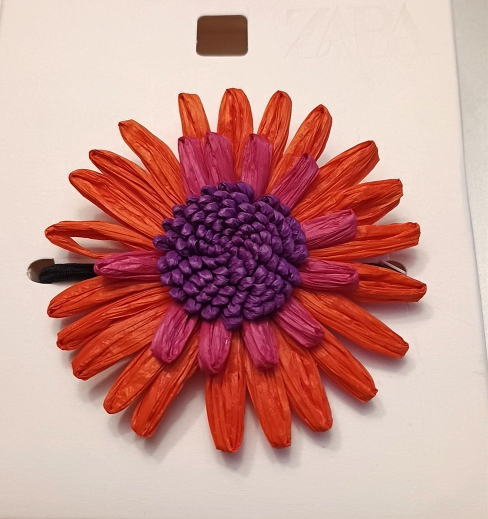 Zara Handmade Raffia Straw BIG 3D Flowers Orange Pink Purple 3' Hair Band Boho